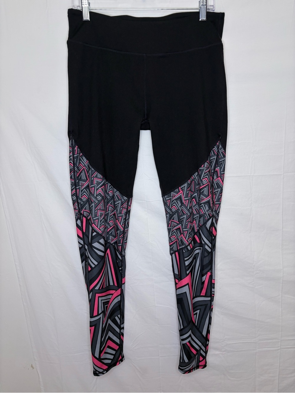 Fabletics Black Leggings with Pink & Gray Geometric Panels